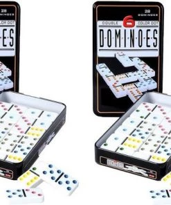Engelhart Domino Spel Dubbel 6/double 6 In Blik En 140x Gekleurde Stenen - Dominostenen - Domino Spellen - Familie Spellen