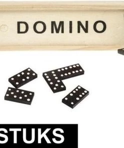 Merkloos 5x Domino Spel In Houten Kistje - 15 X 5 X 3 Cm - 28 Dominostenen