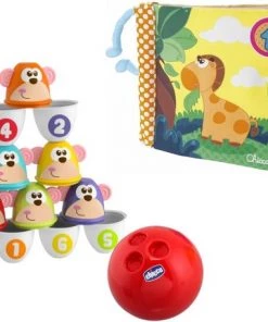 Chicco Bundel - Bowling Aapjes 2-in-1 Bowlingspel En Blikgooien & Babyboekje Junior 19 X 19 Cm Polyester Geel/groen