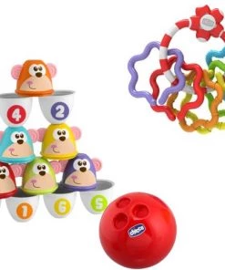 Chicco Bundel - Bowling Aapjes 2-in-1 Bowlingspel En Blikgooien & Rammelaar Regenboog Speelringen