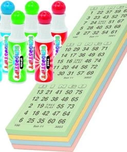 Merkloos 100x Bingokaarten Nummers 1-75 Inclusief 6x Bingostiften Blauw/groen/rood