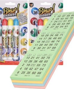 Merkloos 100x Bingokaarten Nummers 1-75 Inclusief 6x Bingostiften Blauw/geel/rood