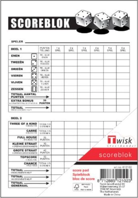 Twisk Yahtzee Scoreblok - 10 Scorebloks 100 Vel 3 Twisk Yahtzee Scoreblok - 10 Scorebloks 100 Vel